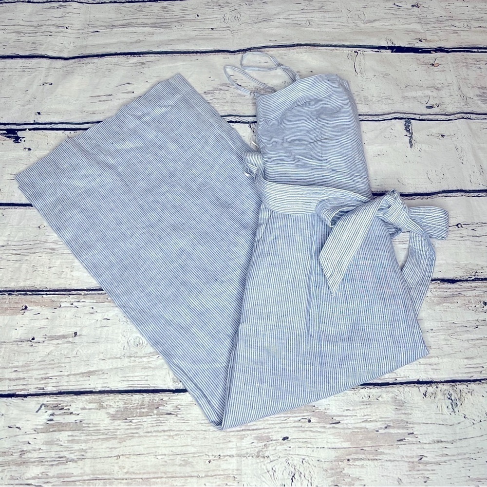 J. CREW Blue Striped Tie Waist Linen Jumpsuit Size 2